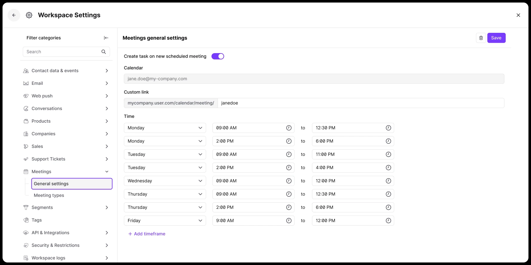 Workspace settings page showing general meeting schedules with days, times, and a custom calendar link.