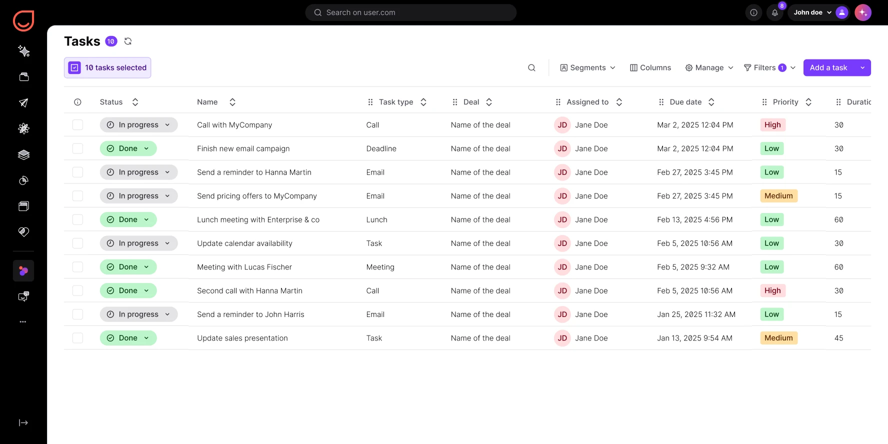 Task list with status, name, type, deal, assignee, due date, priority, and duration columns.