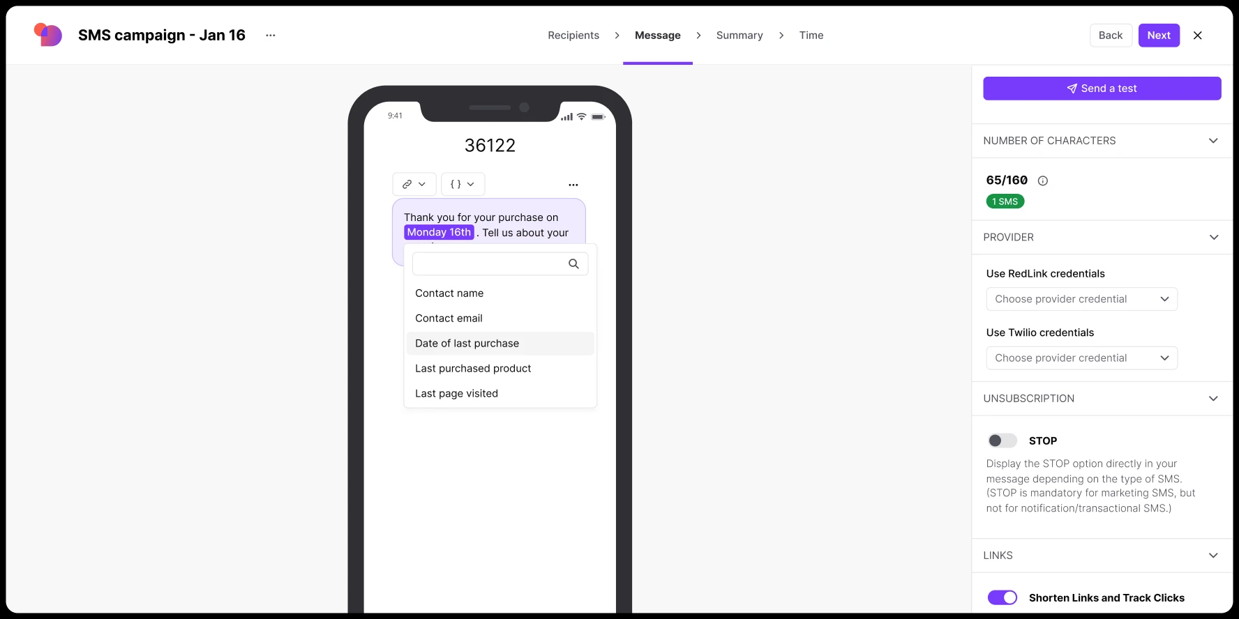SMS campaign editor showing a personalized message template with dynamic content fields on a smartphone screen.