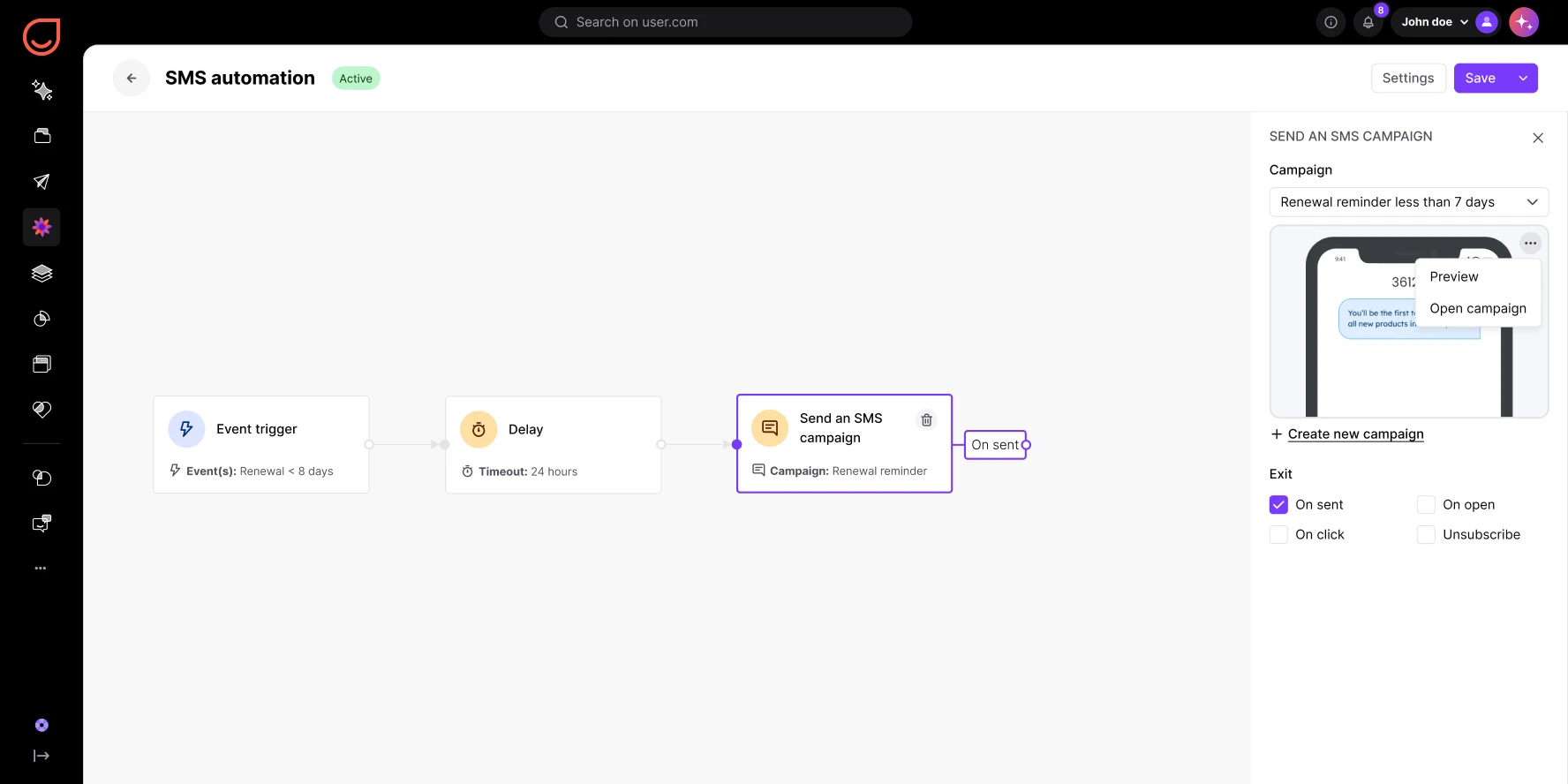 SMS automation workflow with event trigger, 24-hour delay, and sending renewal reminder SMS campaign.