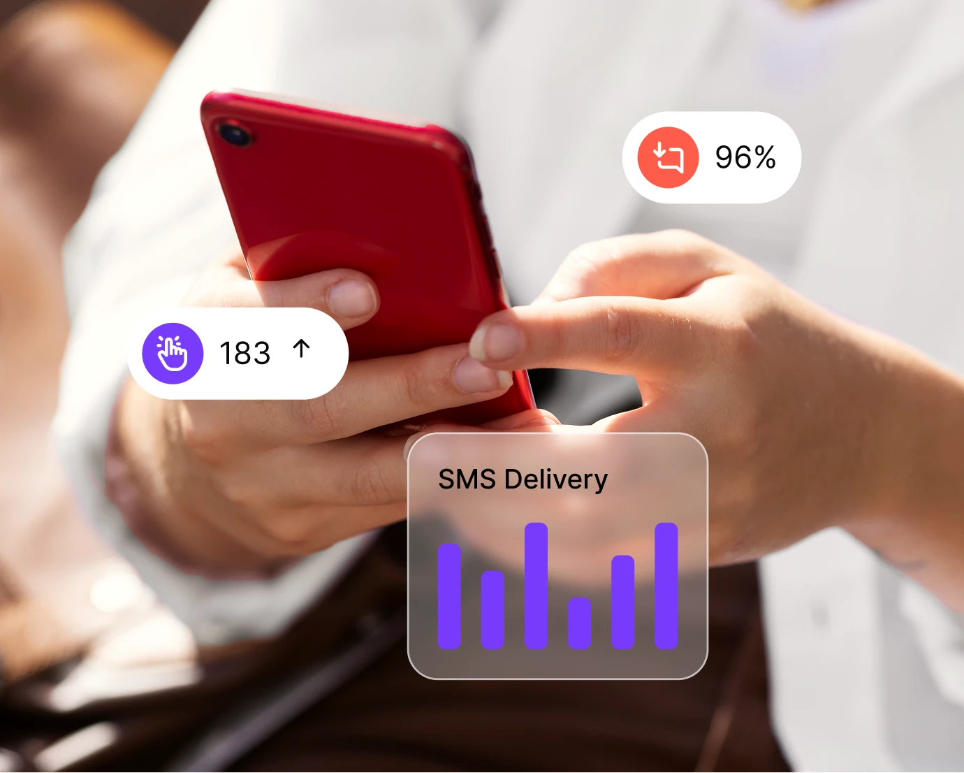 Hands holding red smartphone with SMS delivery bar graph and performance metrics overlay.