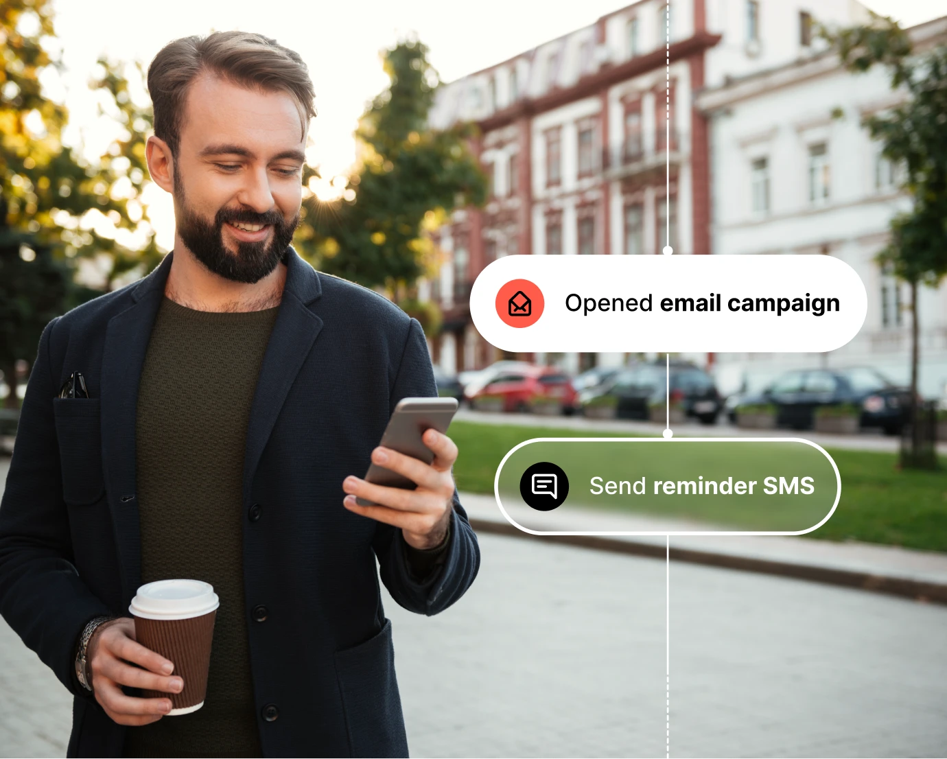 Smiling man holding coffee cup and looking at smartphone outdoors with email and SMS campaign text overlays.