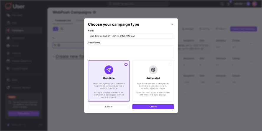 Popup window to choose campaign type with options for One-time or Automated campaign creation.