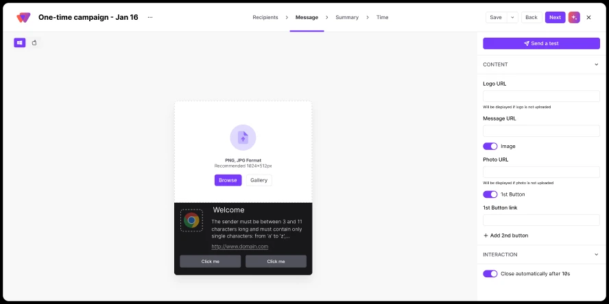 User interface for creating a one-time campaign notification with options to add images, buttons, and links.