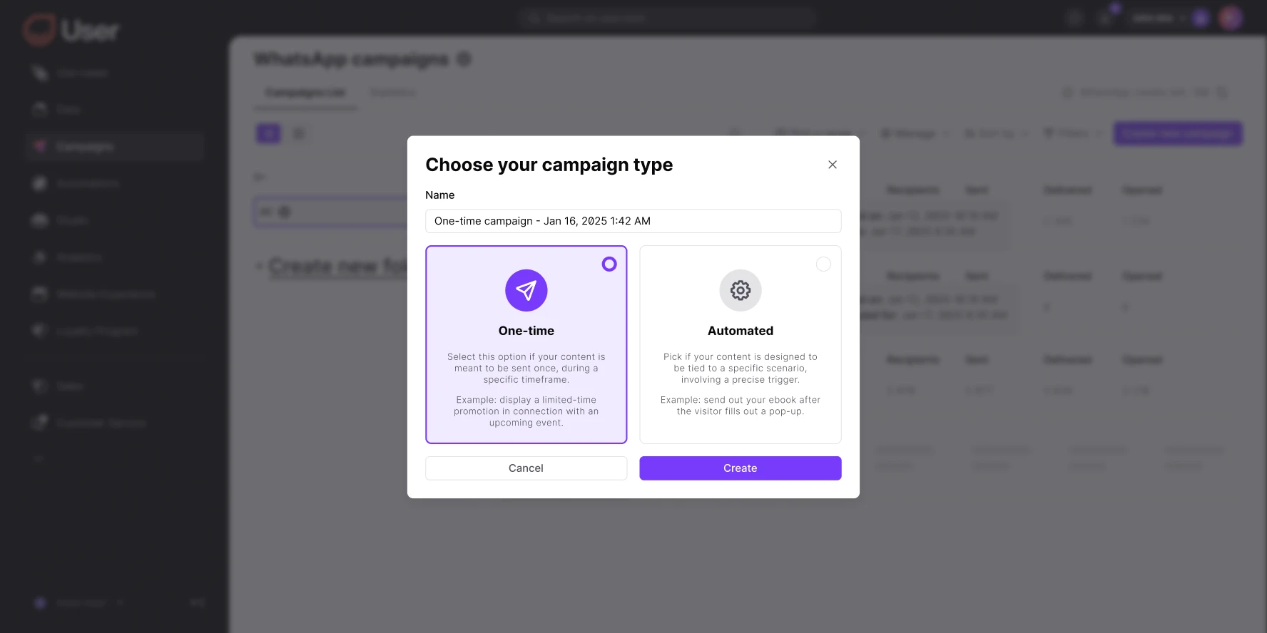 Dialog window to choose campaign type: one-time or automated with descriptions and create or cancel buttons.