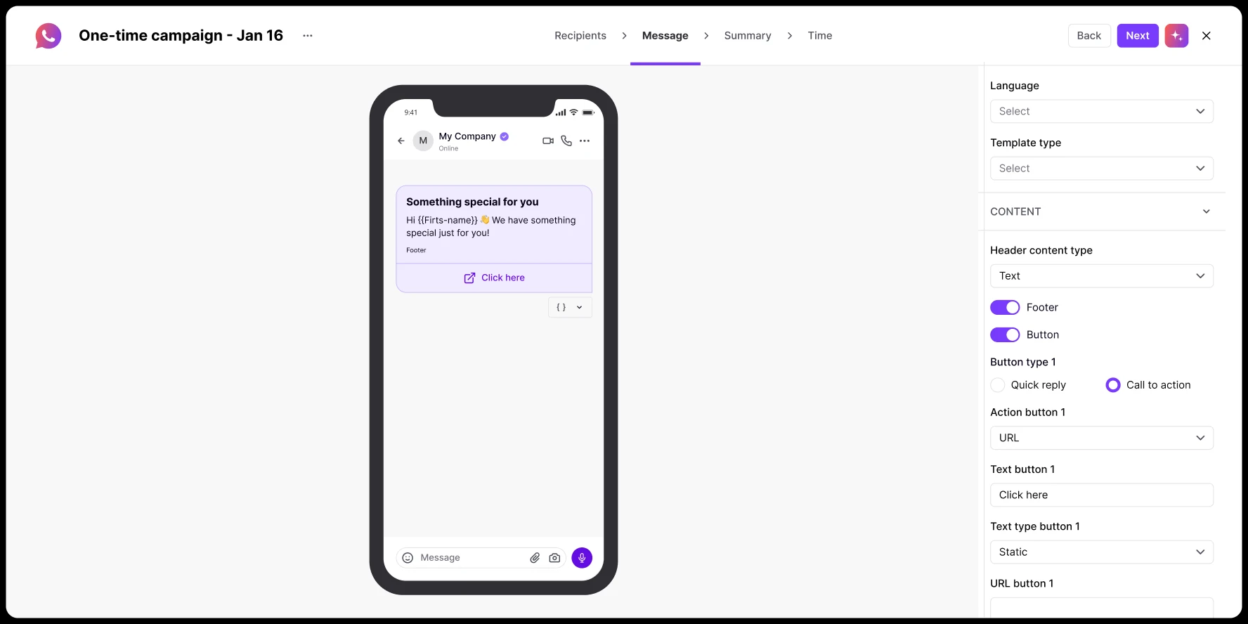 Phone screen shows a message composer with a special offer and a clickable button labeled Click here.