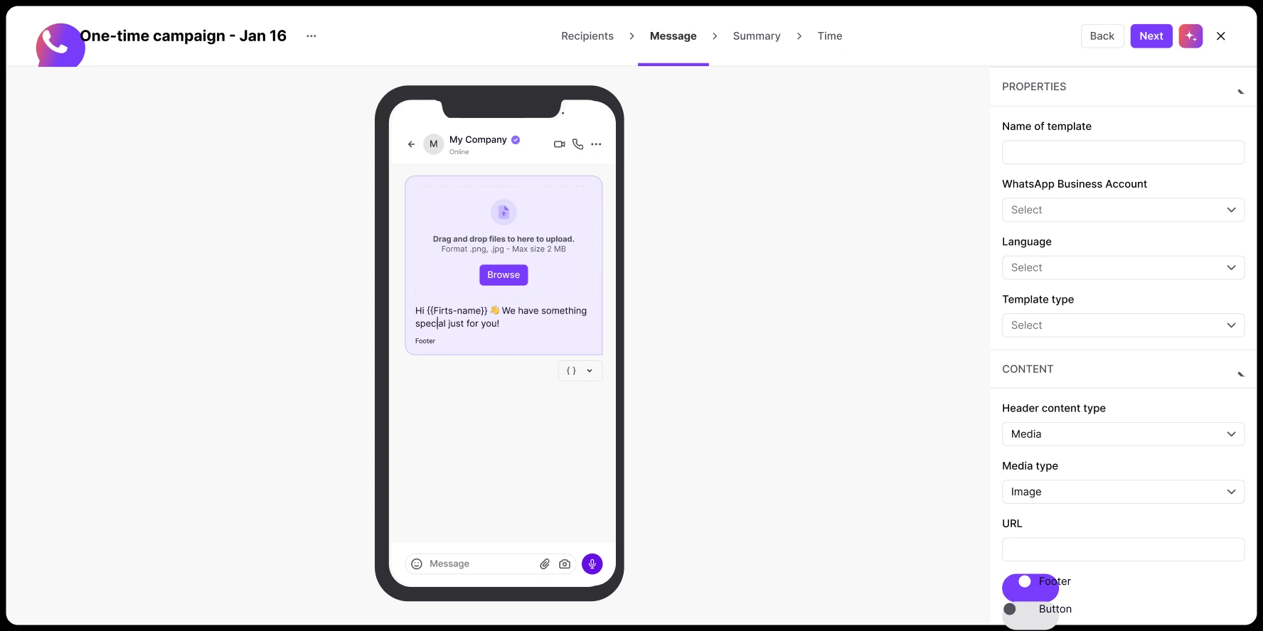 WhatsApp message template editor showing file upload area and personalized greeting text on a phone screen.