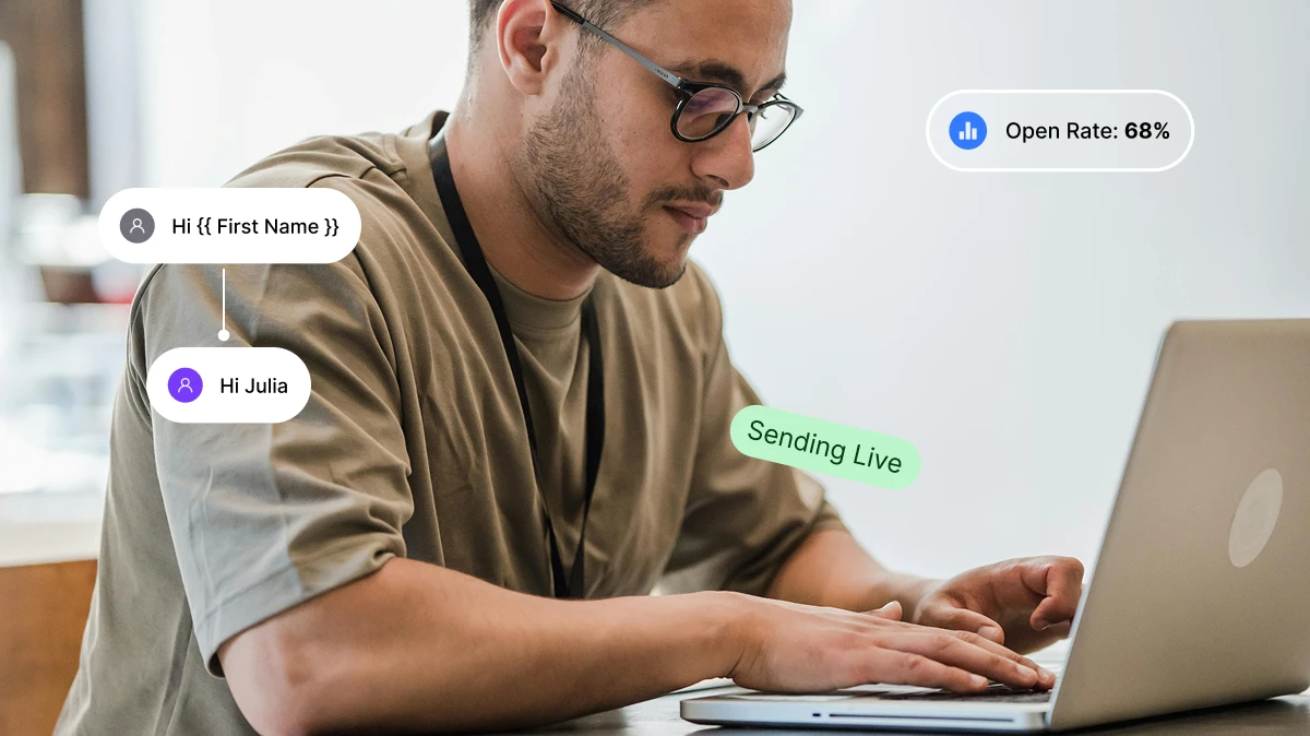 Man wearing glasses typing on a laptop with email marketing text overlays and 68% open rate.