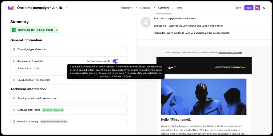Email campaign summary showing settings, recipient filters, technical info, and a Nike newsletter preview.