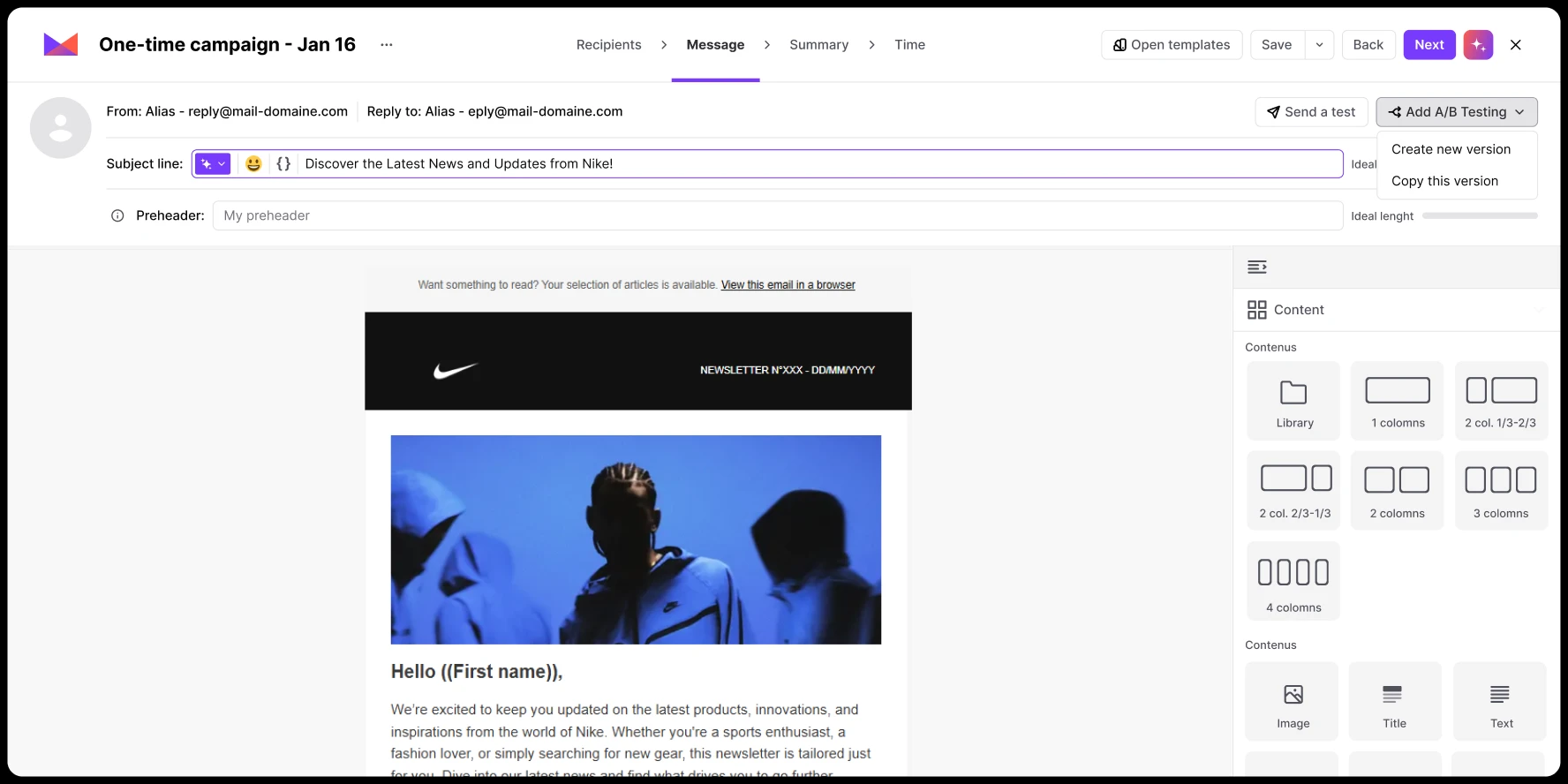 Email campaign editor showing Nike newsletter design with hooded figures under blue lighting.