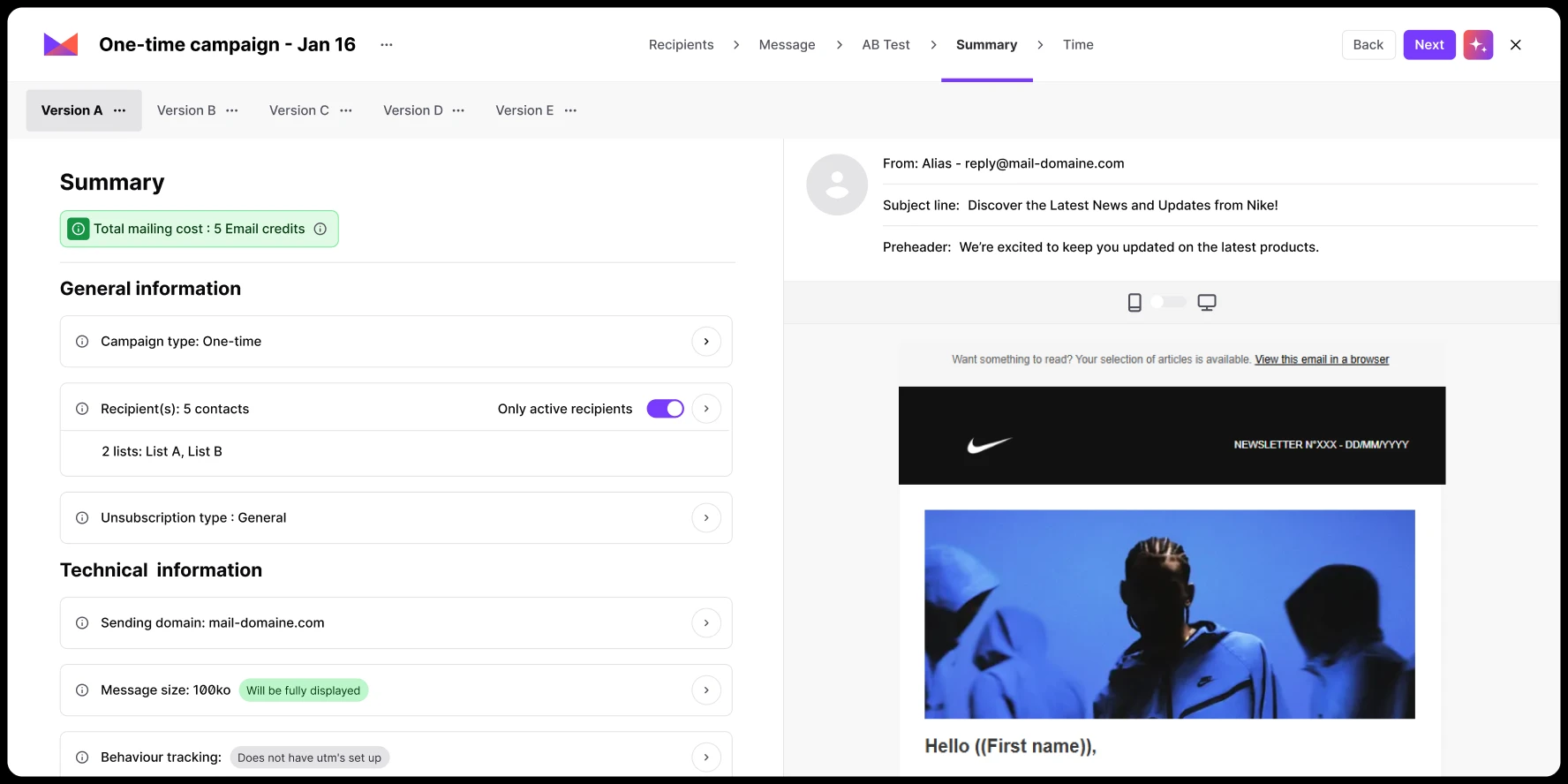 Email campaign summary showing one-time campaign details and a Nike newsletter preview with people in hoodies.