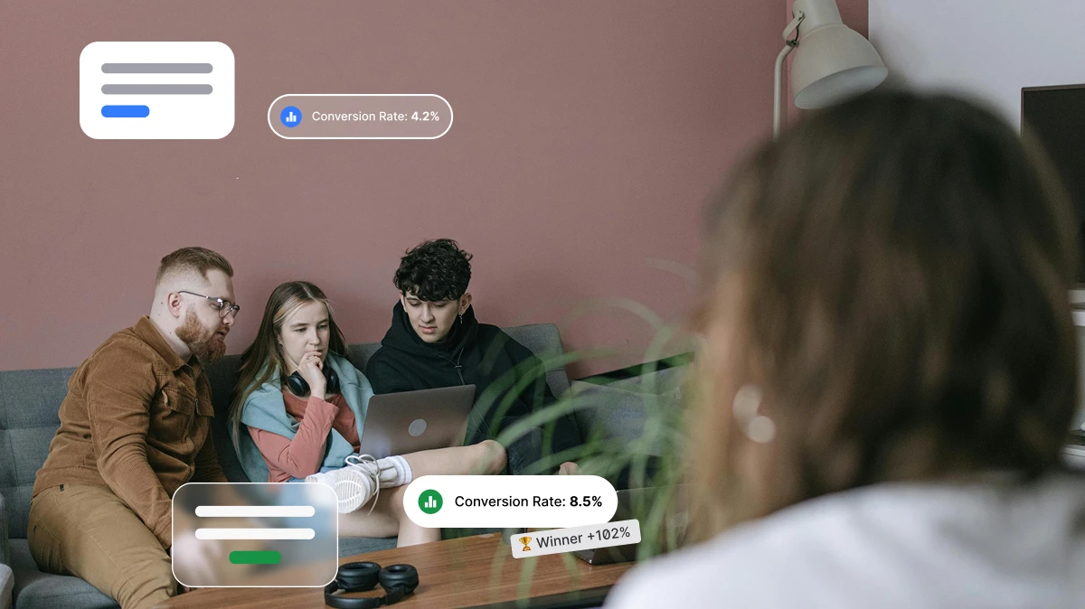 Three people looking at a laptop on a couch with conversion rate stats floating nearby.