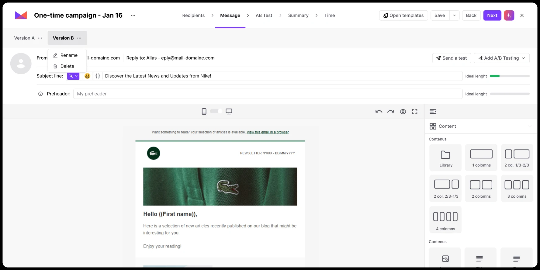 Email campaign editor showing 'Version B' with a Nike news subject line and Lacoste newsletter content.