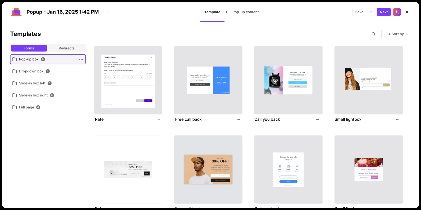 Popup templates interface showing various form options like rate, callback, and newsletter sign-ups.