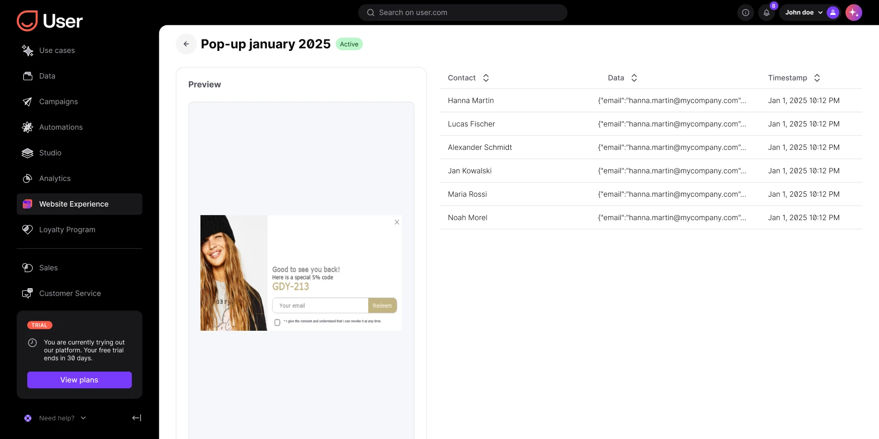 User dashboard showing active pop-up form for January 2025 with email entry and recent contacts list.