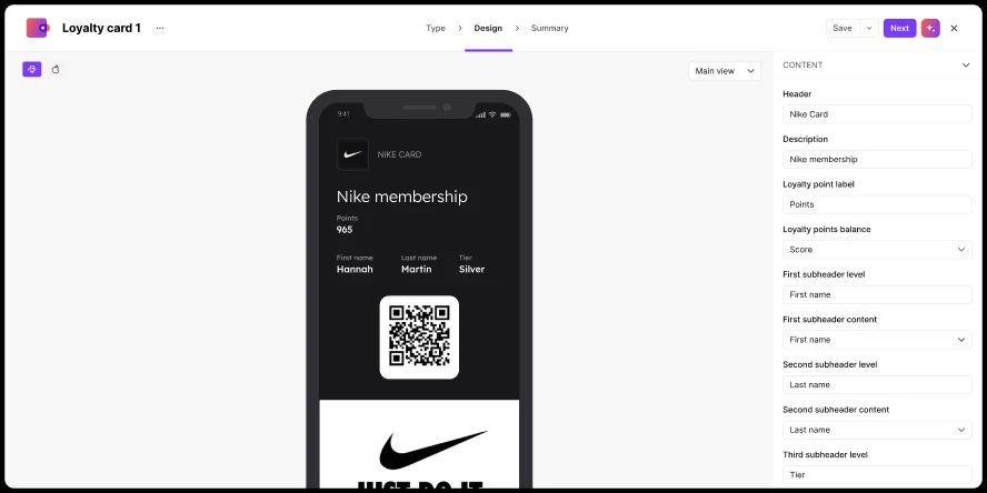 Smartphone screen showing a Nike loyalty card with points, member name, tier, and a QR code.