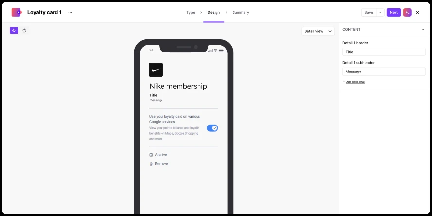 Mockup of a mobile screen showing a Nike membership loyalty card with options to archive or remove.