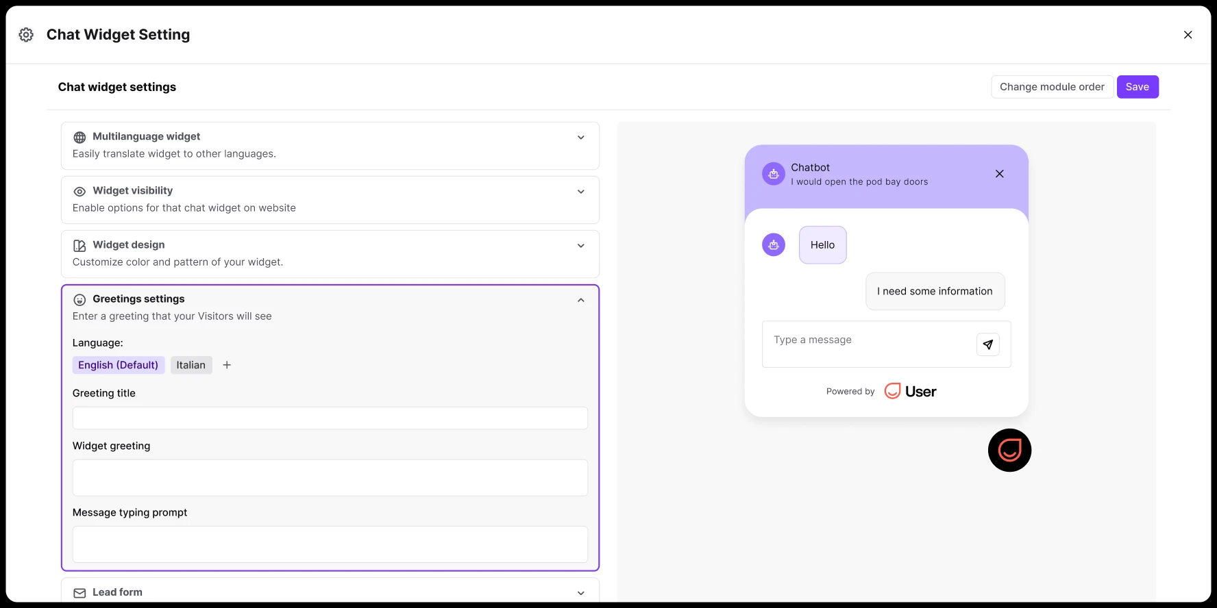 Chat Widget Setting panel with greeting settings and a preview of a chatbot conversation on the right.