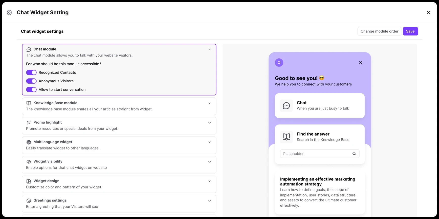 Chat widget settings screen with modules for chat, knowledge base, promo, language, visibility, design, and greetings.