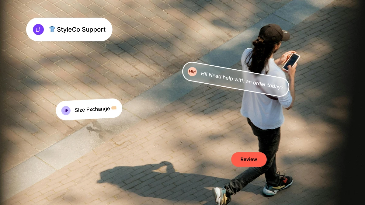 Person walking outdoors using phone with chat bubbles offering style support and size exchange help.