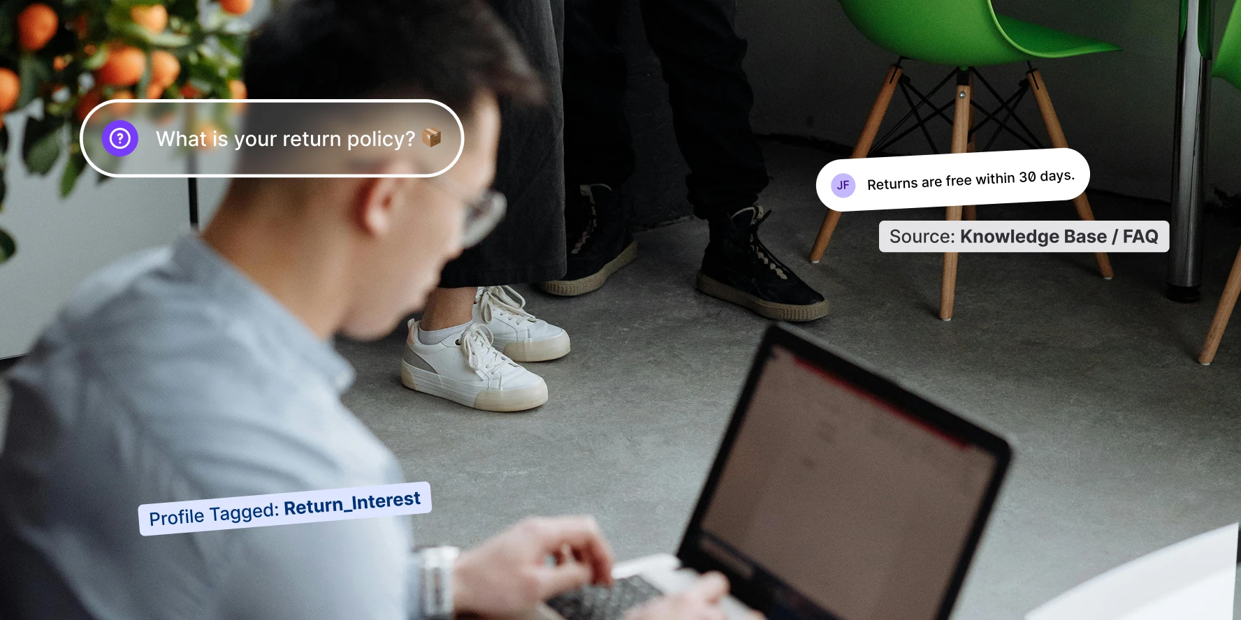 Person on laptop with chat asking return policy and answer citing free returns within 30 days.