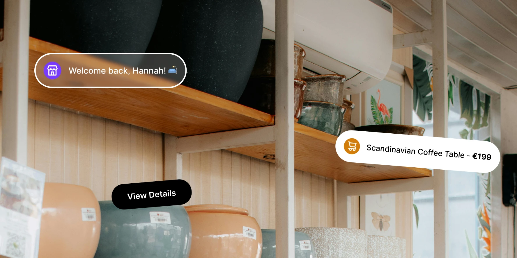Wooden shelves holding ceramic pots with price tags in a bright, natural-light room.