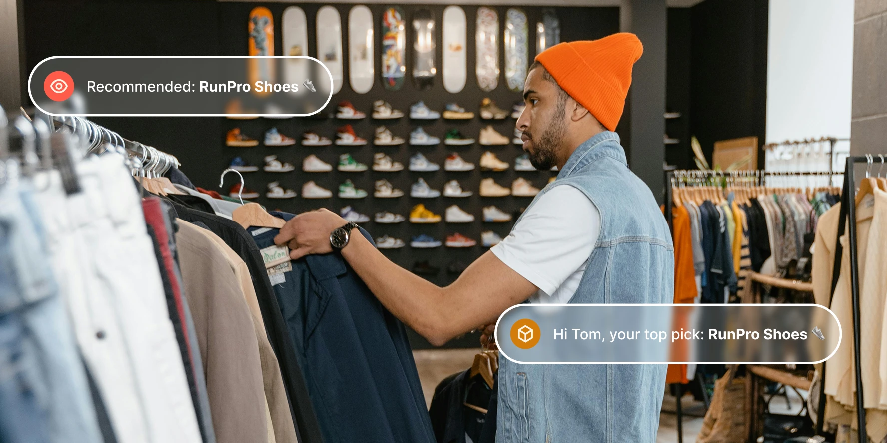 Man in orange beanie browsing jackets in clothing store with shoe display wall in background.