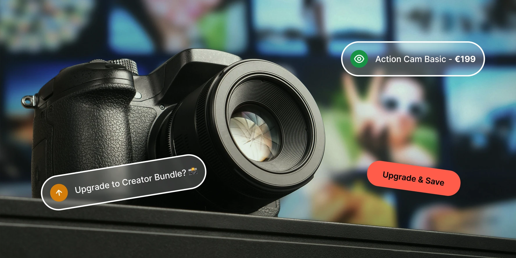 Close-up of DSLR camera lens on a desk with callouts about upgrading and price.