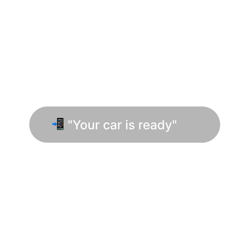 Smartphone icon with arrow pointing to text reading “Your car is ready” inside a gray rounded rectangle.