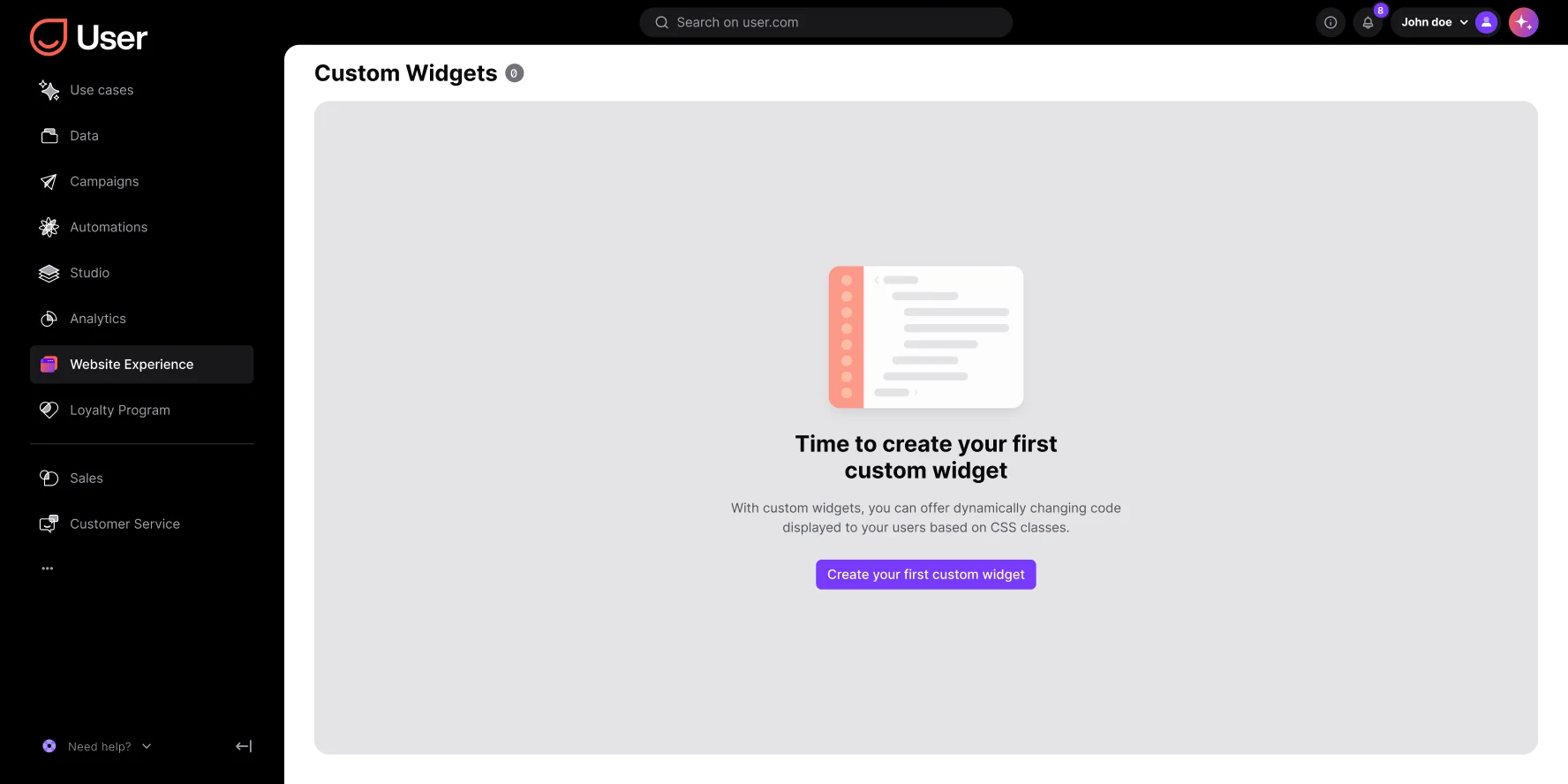 Dashboard prompt to create first custom widget with code snippet illustration and sidebar menu on the left.