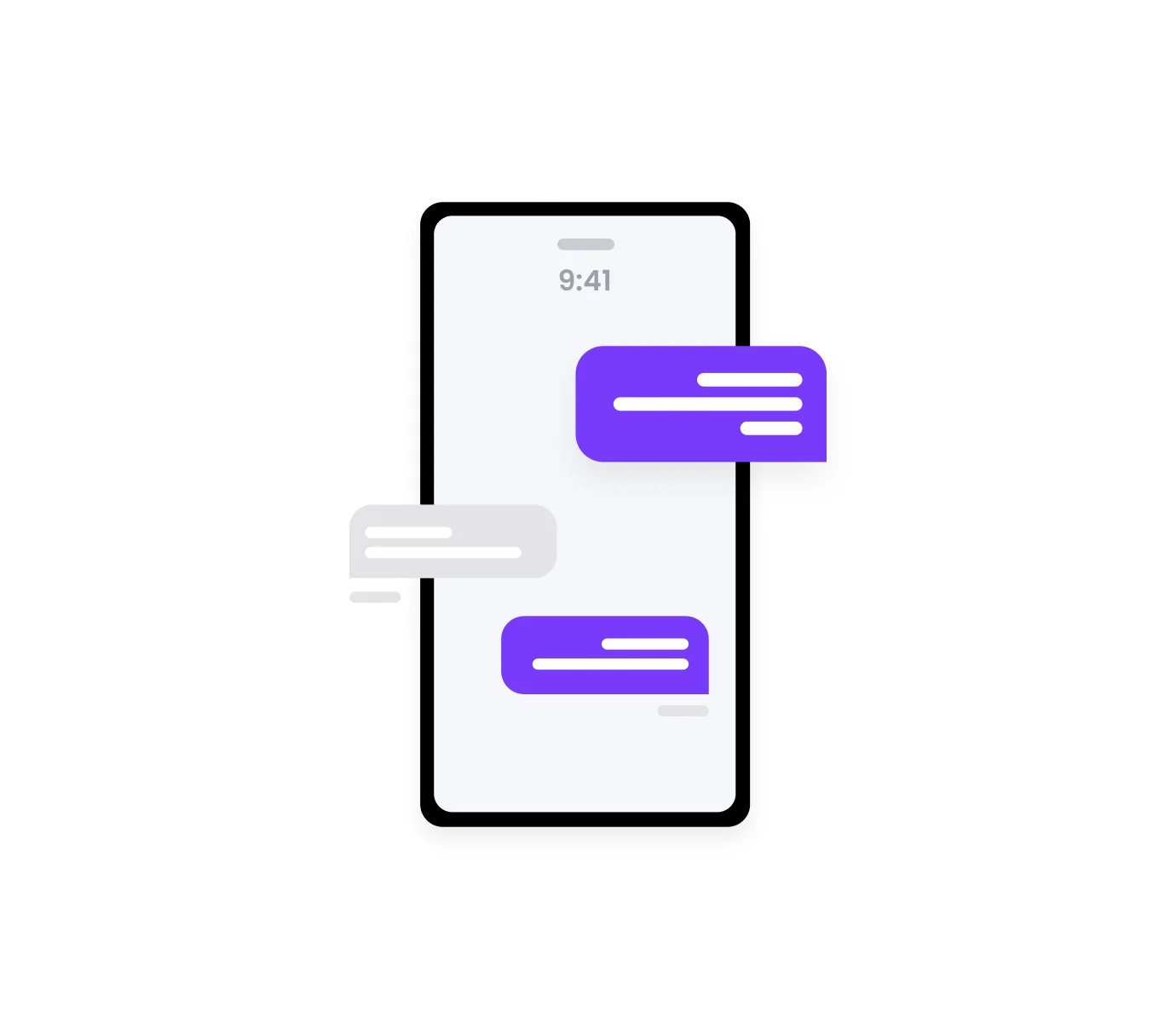 Smartphone screen showing purple and gray chat message bubbles with a 9:41 time display.