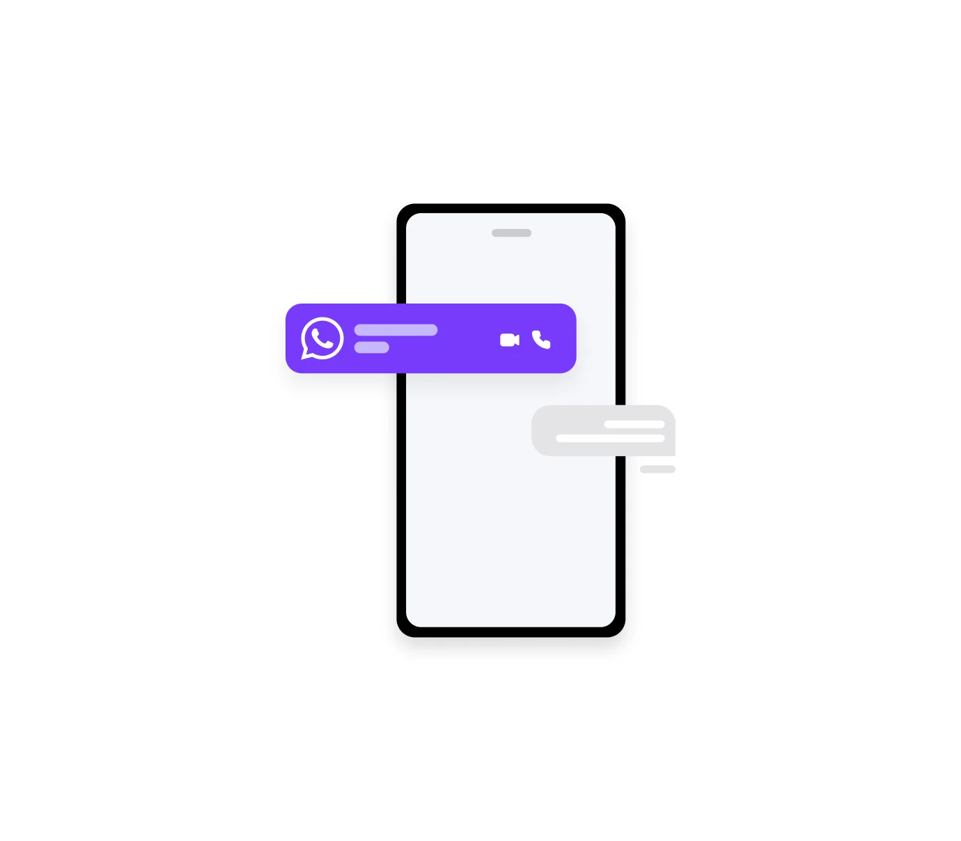 Smartphone with chat bubbles, one showing WhatsApp icon and video, call options.