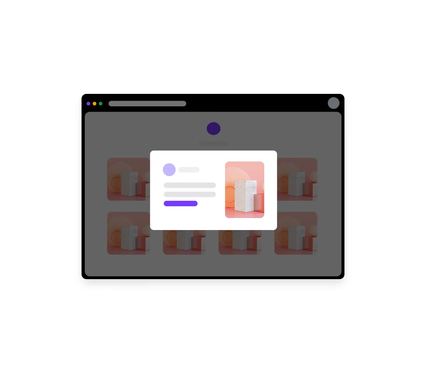 User interface with a grid of images and a focused popup showing details and a product image.