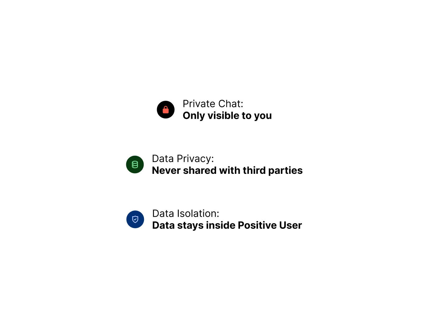 Three white text boxes explaining privacy: private chat visible only to user, data never shared, data stays inside user.
