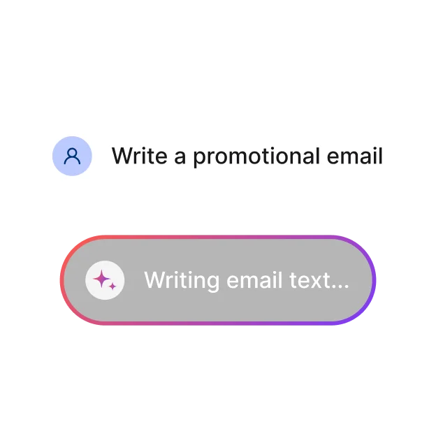 User prompt reads 'Write a promotional email' and a progress bar shows 'Writing email text...'