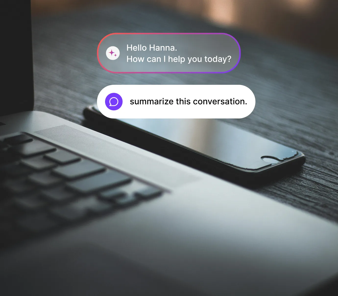 Chat interface on screen over laptop and phone showing a greeting and a request to summarize conversation.