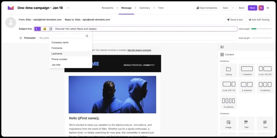 Email marketing platform interface showing a one-time campaign editor with personalization options and content blocks.