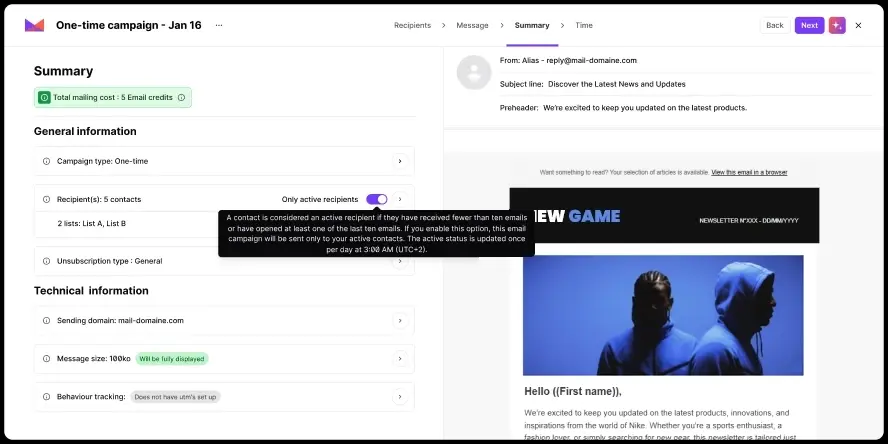 Email campaign tool screen showing summary, recipients, message preview, and campaign details.