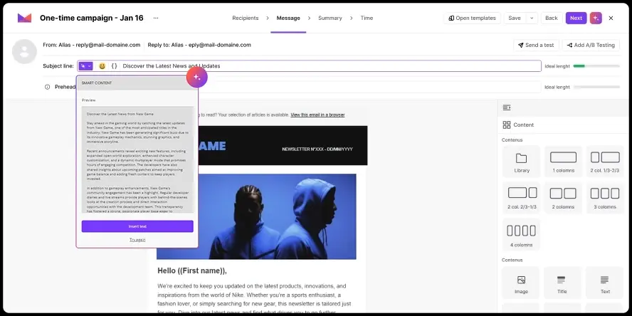 Email campaign editor interface showing subject line, content preview with two hoodie-wearing people, and layout options.