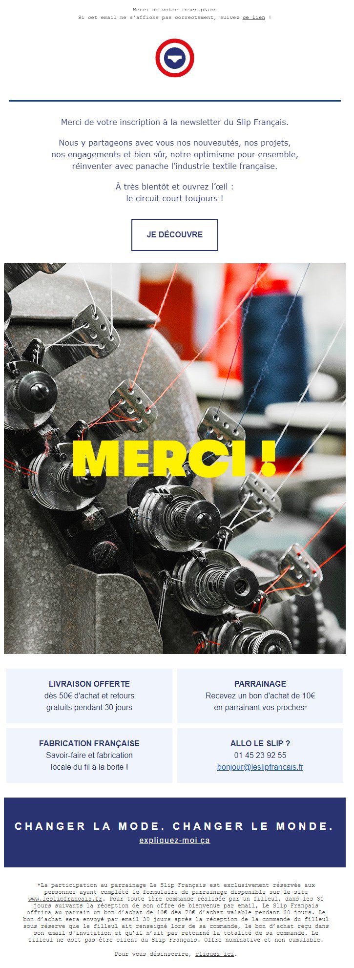 email de bienvenue Slip Francais