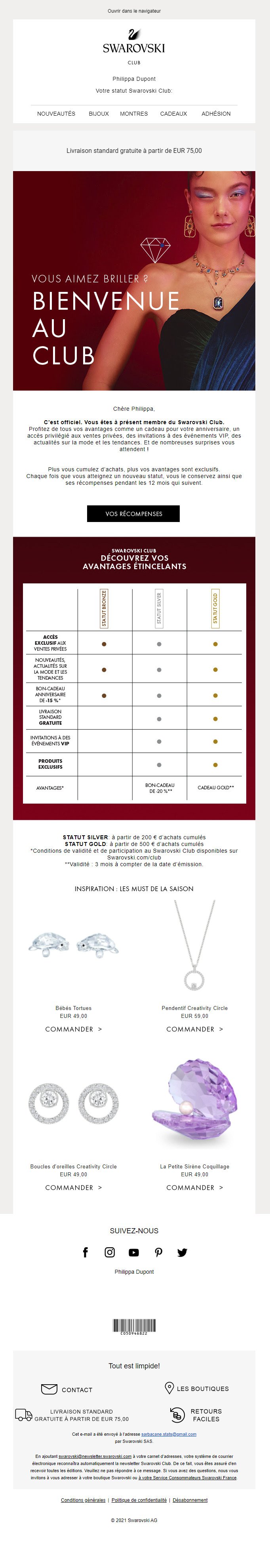 exemple email de bienvcenue Swarovski
