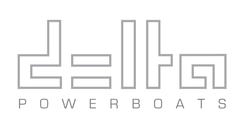 Stylized word 'delta' in geometric font above the word 'POWERBOATS' in uppercase letters.