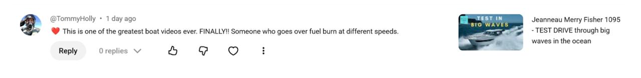 Social media comment praising a boat video showing fuel burn at different speeds, with a thumbnail of a Jeanneau Merry Fisher 1095 test drive through big ocean waves.