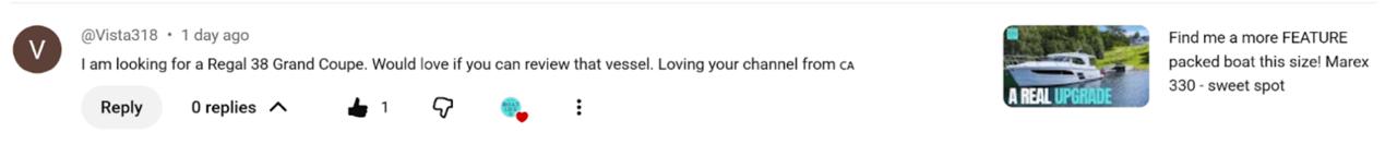 YouTube comment from user Vista318 requesting a review of the Regal 38 Grand Coupe, with a thumbnail image of a Marex 330 boat and text promoting it as a feature-packed, sweet spot size.