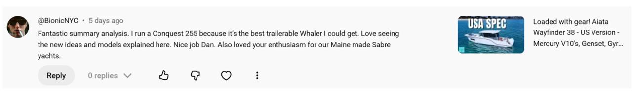 Online comment from user @BionicNYC praising a video about Whaler boats, mentioning running a Conquest 255 and appreciation for new ideas and enthusiasm for Maine-made Sabre yachts.