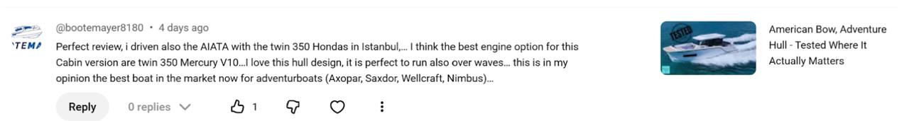 Screenshot of a user review praising the AIATA boat with twin 350 Hondas, highlighting its hull design and performance; includes a small image of an American Bow Adventure Hull boat with a 'TESTED' label.