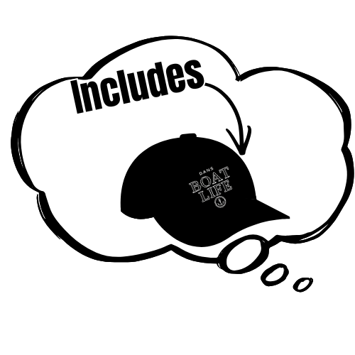 Black speech bubble containing the word 'Includes' and an arrow pointing to a black baseball cap with the text 'DAN'S BOAT LIFE'.