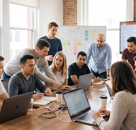 Group of diverse coworkers collaborating around a table with laptops and coffee in a bright office meeting room.