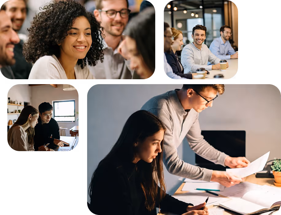 Collage of diverse people collaborating in work settings, including group discussions and reviewing documents.