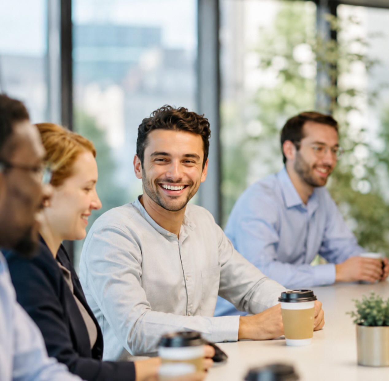 Four young professionals sitting at a table with coffee cups, smiling and engaging in conversation in a bright office space.